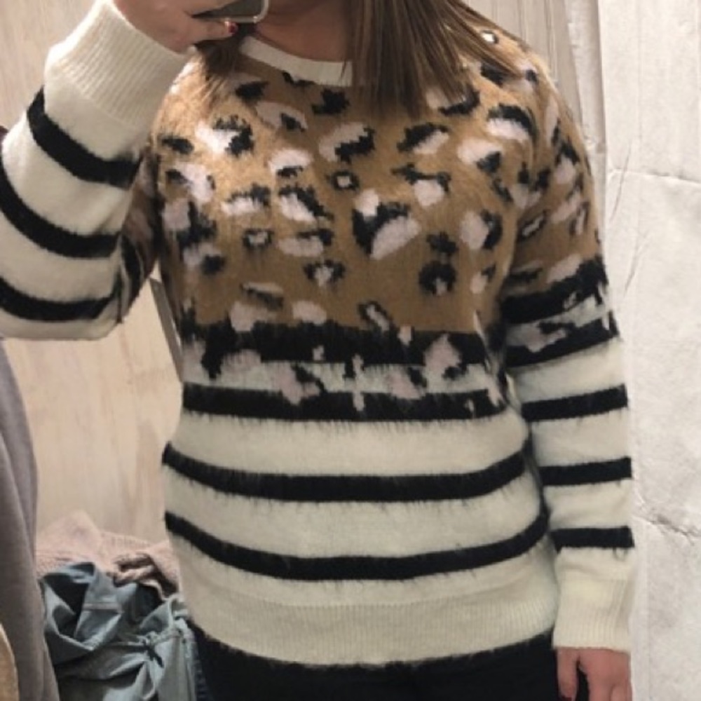 Cheetah print sweater with stripes.